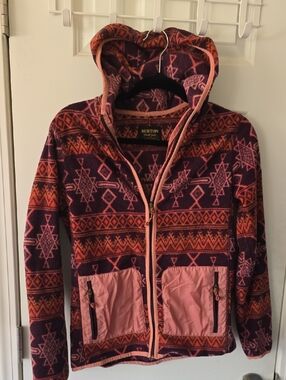 Burton Pink & Purple Patterned Hooded Teddy Fleece Jacket- Size XS